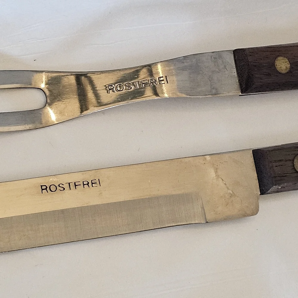 60's Rostfrei Wood Handle Meat Carving Knife & Fork Boxed Set Vintage MCM